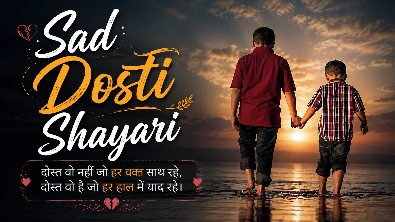 Sad Dosti Shayari featured image showing two friends walking hand in hand toward a beautiful sunset with emotional friendship-themed typography