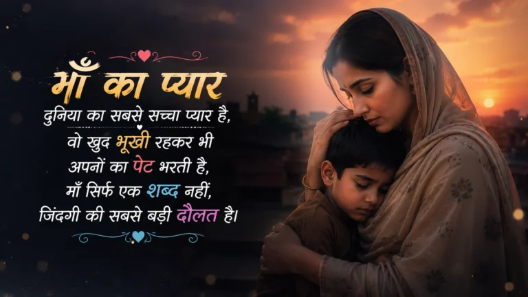 Sad Maa Shayari In Hindi — भावुक माँ और बच्चे की तस्वीर, जिसमें माँ अपने बच्चे को प्यार से गले लगाए हुए है और हिंदी में माँ के प्यार पर दिल छू लेने वाली शायरी लिखी गई है।