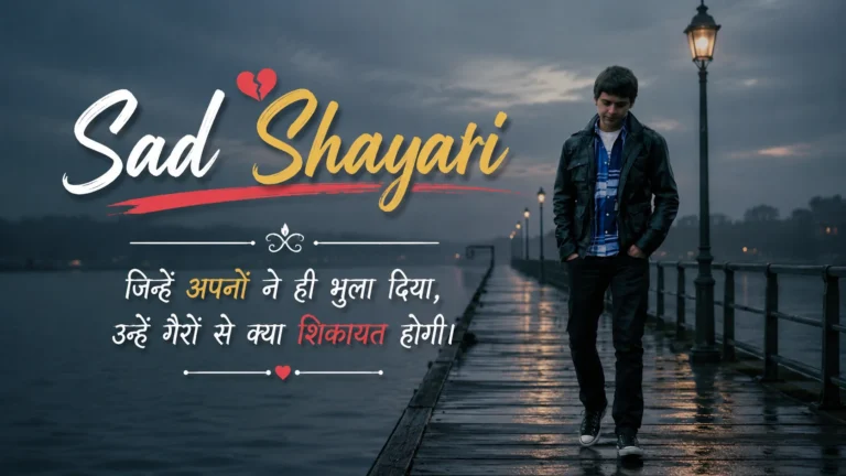 Sad Shayari 2 Line Heart Touching — a lonely young man walking alone on a rainy lakeside pier at dusk, surrounded by dark blue skies and glowing street lamps, with emotional Hindi sad shayari text in artistic typography.