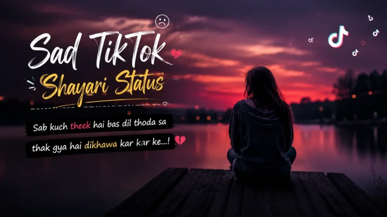 Sad TikTok Shayari Status” feature image showing a lonely person sitting beside a lake at sunset, with dark clouds, emotional atmosphere, colorful brush-style text, broken-heart doodles, and small TikTok icons.