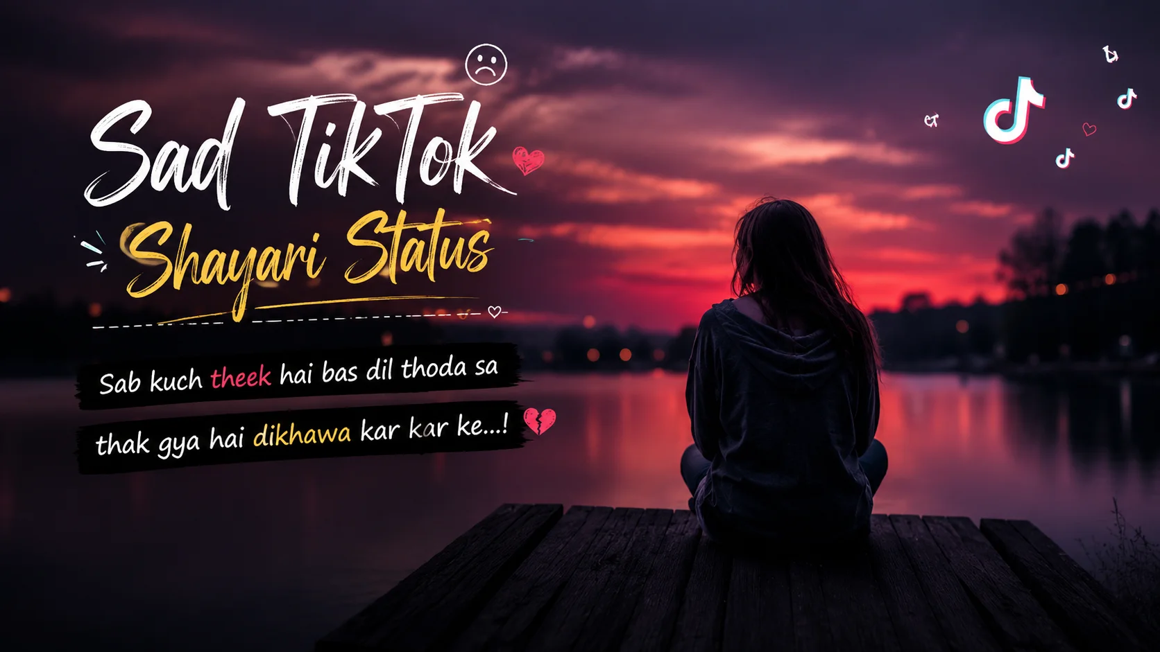 Sad TikTok Shayari Status” feature image showing a lonely person sitting beside a lake at sunset, with dark clouds, emotional atmosphere, colorful brush-style text, broken-heart doodles, and small TikTok icons.