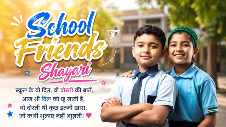 School Friends Shayari featuring two school friends in uniform with a beautiful friendship quote