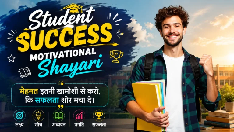 Student Success Motivational Shayari featured image showing a happy student holding books with a raised fist, symbolizing hard work, education, motivation, and success.