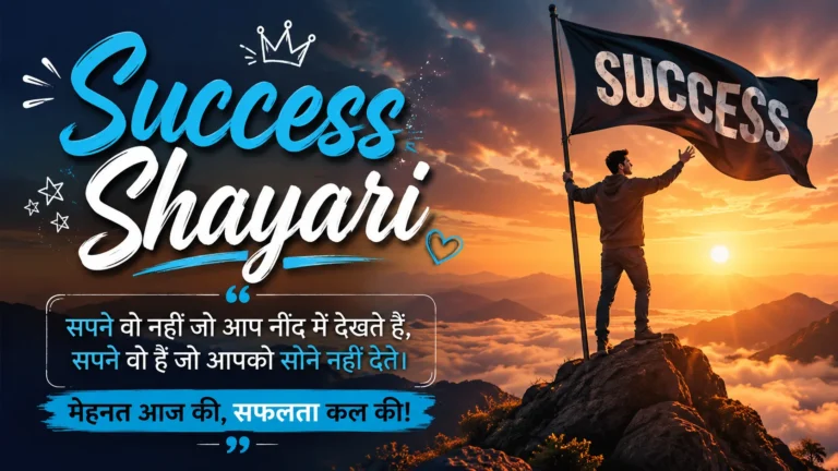 Success Shayari featured image showing a determined man standing on a mountain peak holding a success flag at sunrise with motivational typography