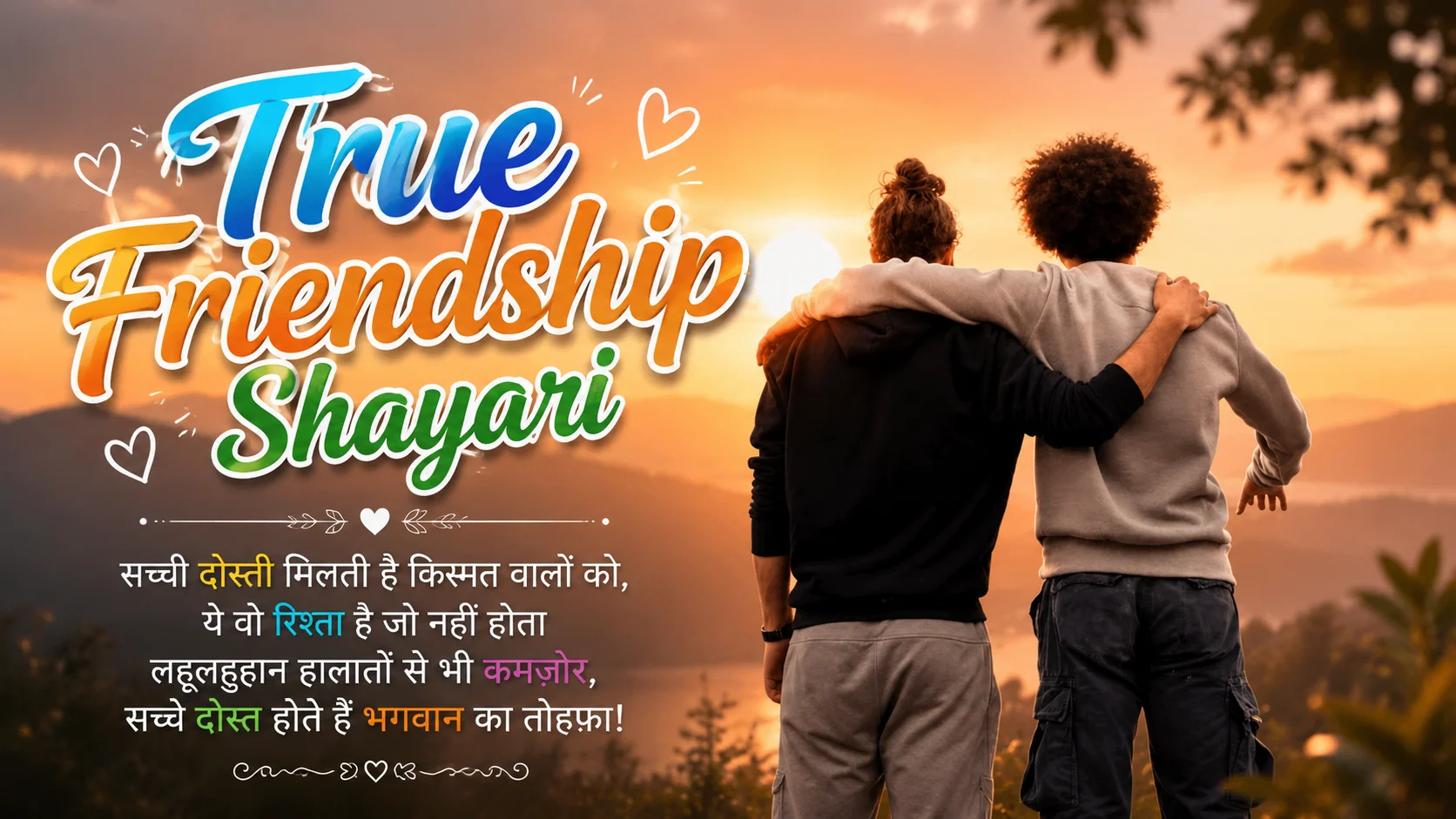 True Friendship Shayari featuring two best friends standing together at sunset with an emotional friendship quote