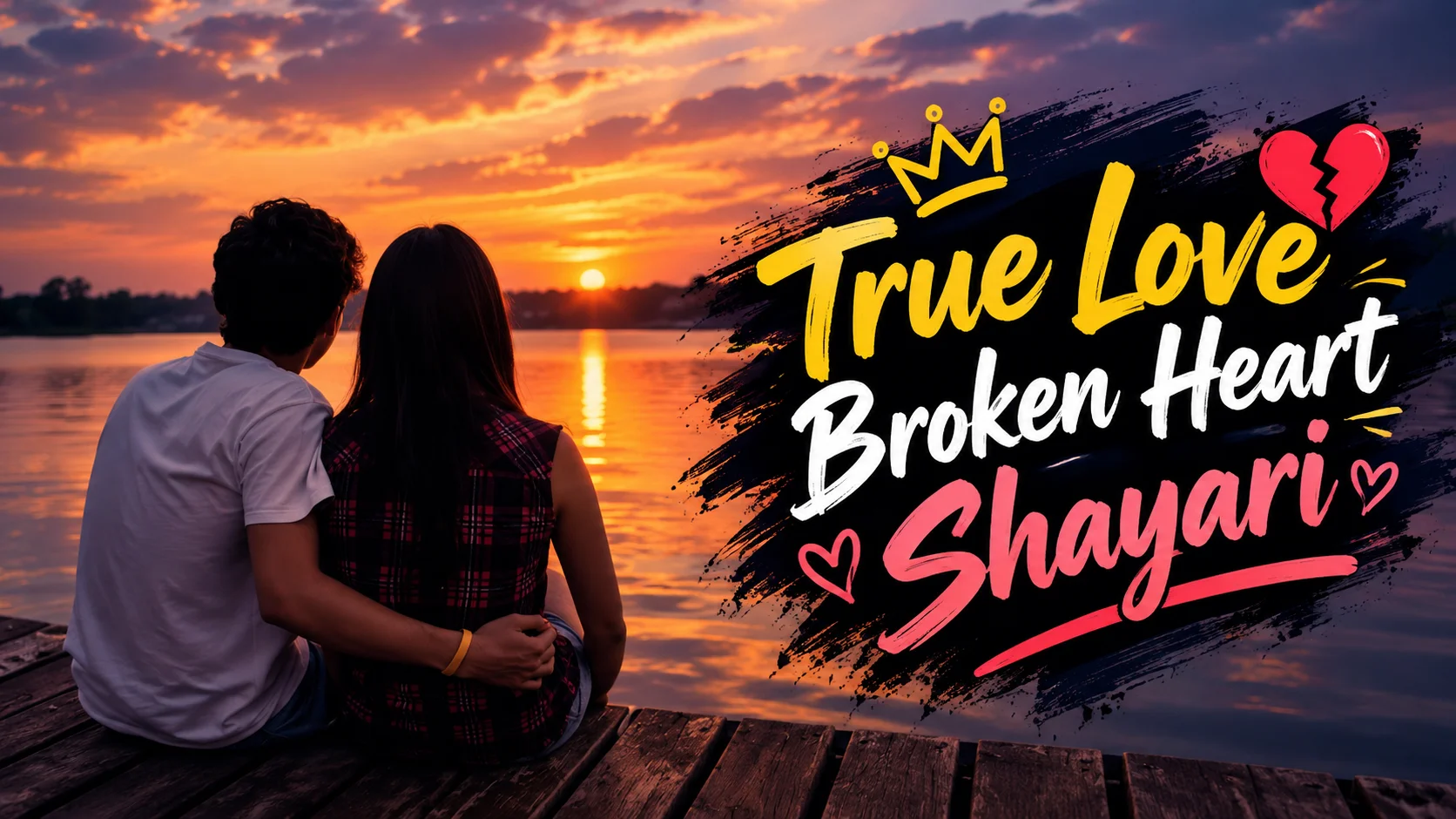 True Love Broken Heart Shayari featuring a couple sitting together on a wooden dock beside a peaceful lake at sunset, with romantic pink and yellow typography and a broken heart design.
