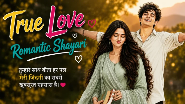 True Love Romantic Shayari featuring a happy romantic couple in a warm golden-hour outdoor setting, with stylish “True Love Romantic Shayari” typography and heart elements.