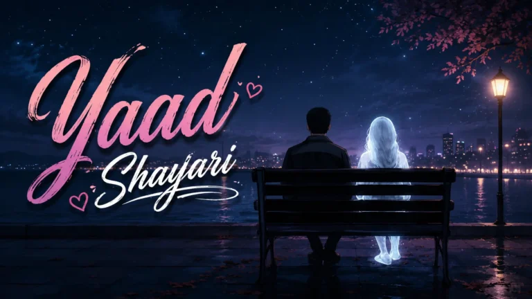 Yaad Shayari featured image showing a lonely man sitting on a bench beside a glowing ghostly woman under a starry night sky with stylish 'Yaad Shayari' text, expressing memories, longing, lost love, heartbreak, and emotional nostalgia