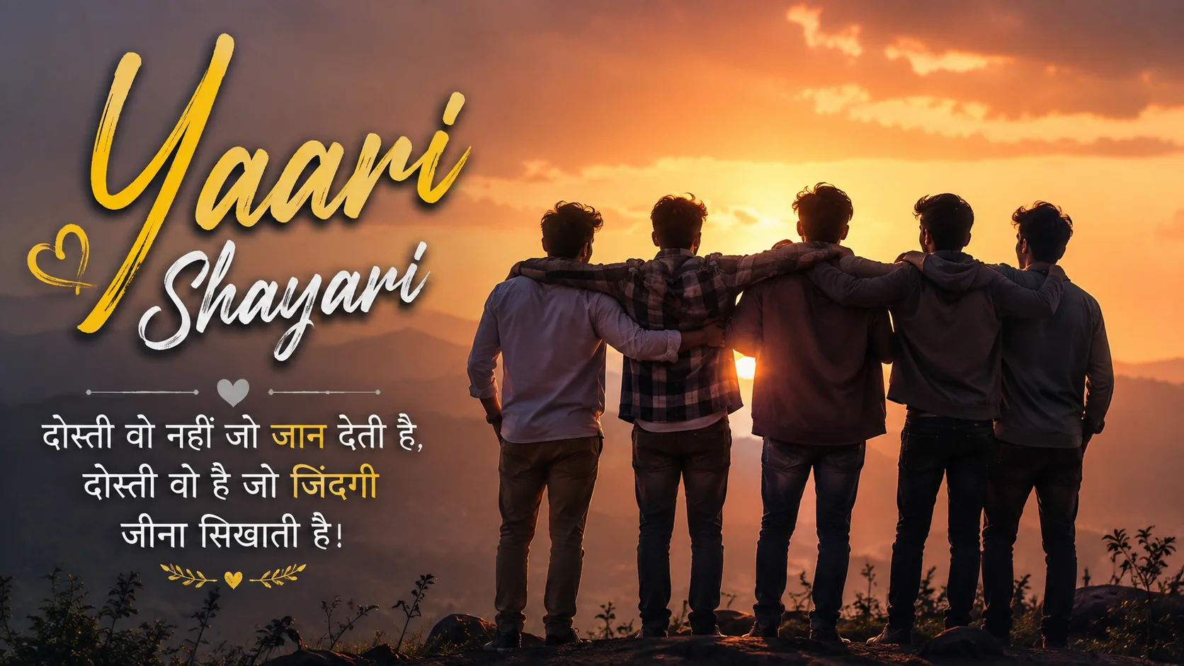 Yaari Shayari – Dosti Shayari with five friends enjoying a beautiful sunset together
