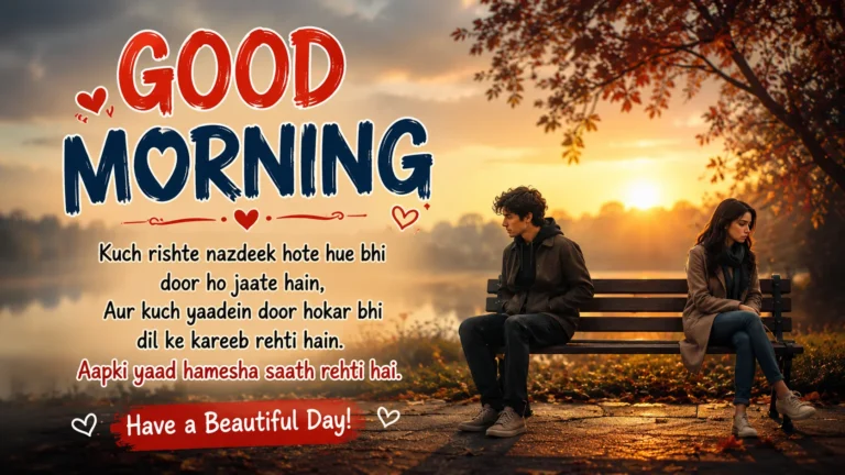 Heart Touching WhatsApp Good Morning Shayari with a couple sitting apart on a bench during a beautiful autumn sunrise, surrounded by falling leaves and warm golden ligh