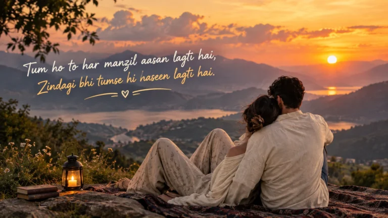 2 Line Shayari for Husband Romantic sunset scene of a couple sitting together by a peaceful lake, with mountains, golden clouds, and heartfelt Urdu poetry overlayed on the image.