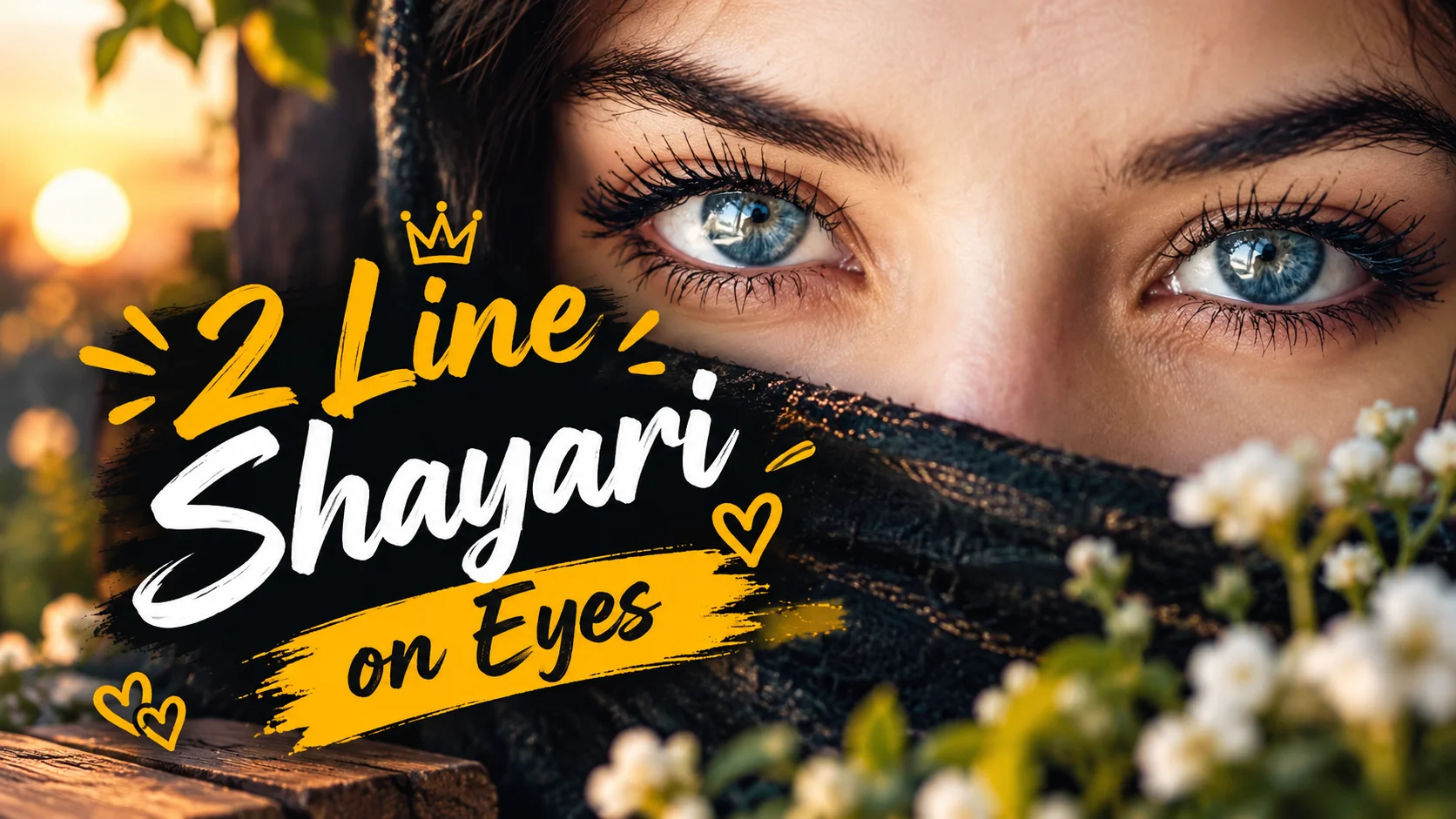2 Line Shayari on Eyes featuring a close-up of beautiful blue eyes with a dreamy golden sunset, flowers, and romantic background.