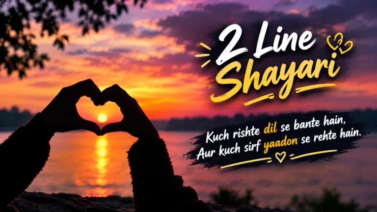 2 Line Shayari featuring silhouetted hands forming a heart against a beautiful orange and purple sunset over a calm lake, with romantic shayari text.