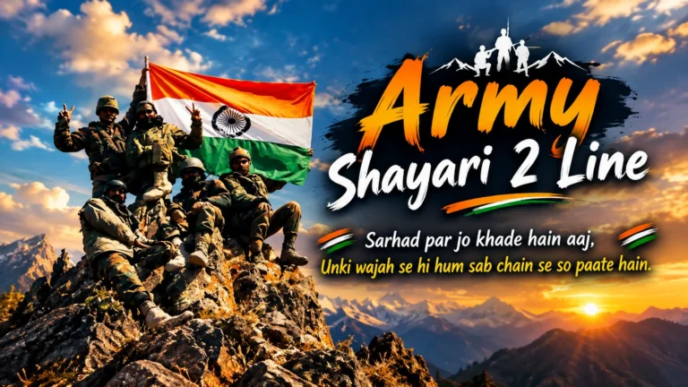Army Shayari 2 Line featuring Indian soldiers standing on a mountain peak with the Indian tricolor flag, dramatic sunrise, and patriotic background.