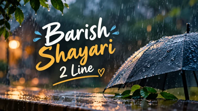 Barish Shayari 2 Line featuring a rainy evening, wet black umbrella, falling raindrops, and glowing lights in the background.