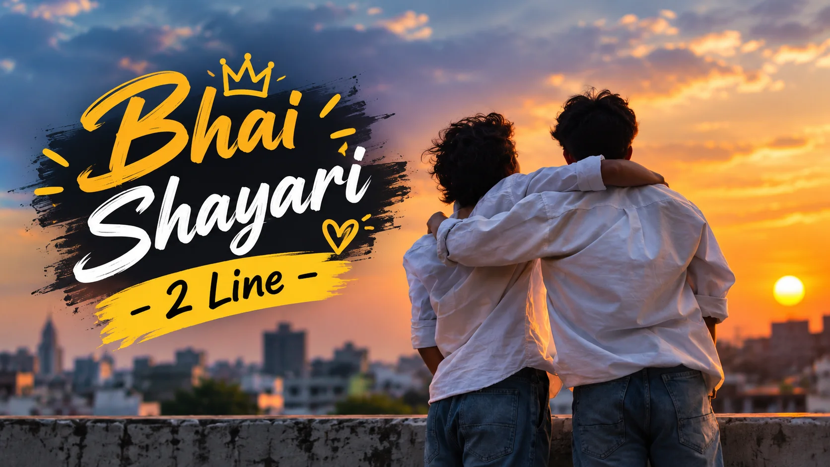 Bhai Shayari 2 Line featuring two brothers standing together with arms around each other against a beautiful sunset cityscape background.