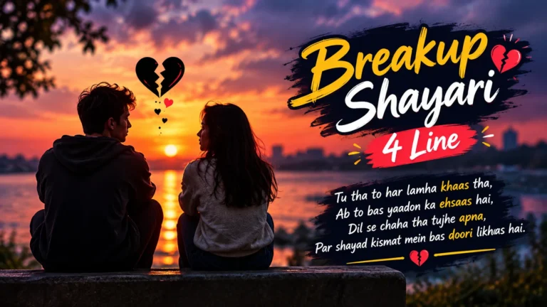 Breakup Shayari 4 Line featuring a sad couple sitting on a bench by a lake at sunset with a broken heart symbol and emotional breakup-themed text.