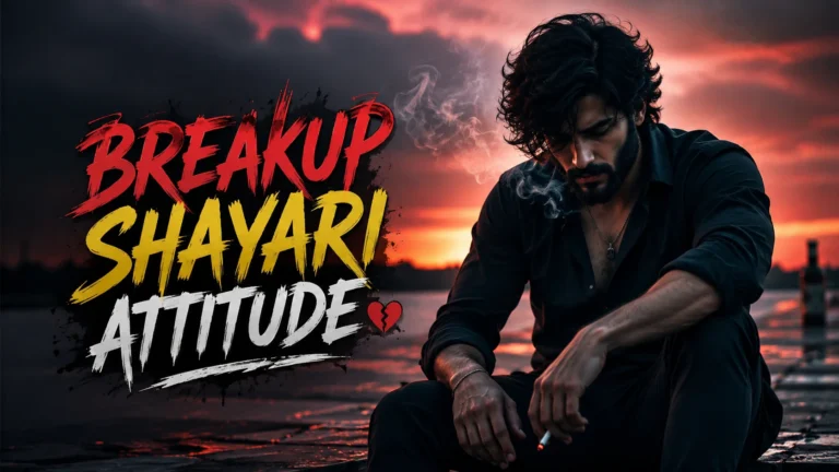Breakup Shayari Attitude featuring a sad man sitting alone by the water at sunset with dramatic clouds, smoke, and bold breakup-themed typography.