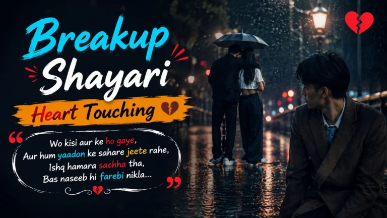 Breakup Shayari Heart Touching featured image showing a lonely man watching a couple together at a rainy train station, creating a sad and emotional breakup atmosphere.