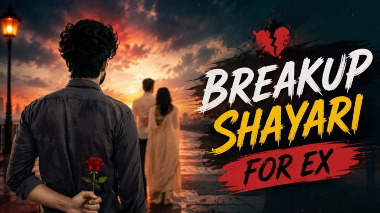 Breakup Shayari for Ex featuring a heartbroken man holding a red rose while watching his ex walk away at sunset, with dramatic cinematic lighting.
