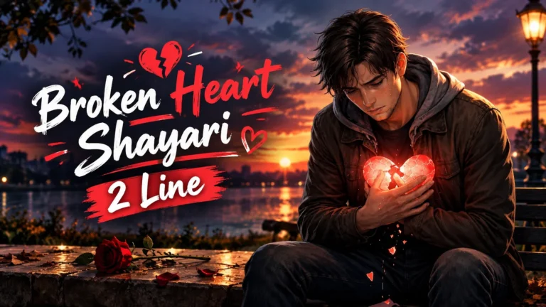 Broken Heart Shayari 2 Line featured image showing a sad young man holding a glowing, cracked heart at sunset, with a romantic lakeside background and scattered red rose petals.