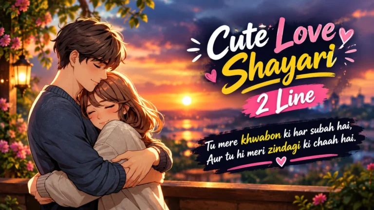 Cute Love Shayari 2 Line featuring an anime-style couple lovingly embracing against a beautiful sunset, with colorful flowers, warm golden light, and romantic shayari text.