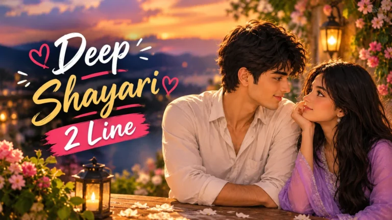 Deep Shayari 2 Line featured image showing a romantic couple gazing at each other in a warm sunset garden setting with flowers and glowing lanterns.