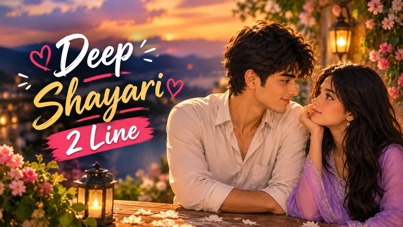 Deep Shayari 2 Line featured image showing a romantic couple gazing at each other in a warm sunset garden setting with flowers and glowing lanterns.