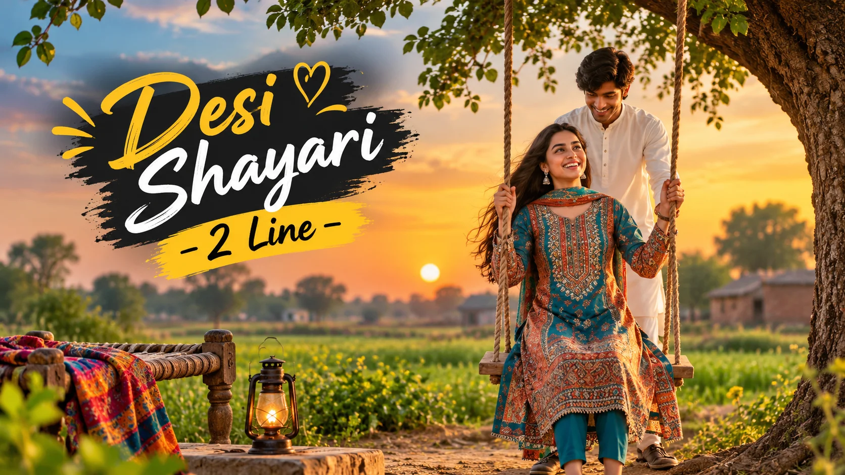 Desi Shayari 2 Line featuring a smiling South Asian couple on a traditional swing under a tree in a beautiful rural village setting at sunset.