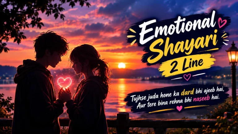 Emotional Shayari 2 Line featuring a romantic couple holding a glowing heart at sunset beside a lake, with a beautiful evening sky and emotional shayari text.
