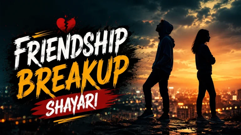 Friendship Breakup Shayari featuring two friends standing apart against a dramatic sunset, symbolizing distance, heartbreak, and a broken friendship.