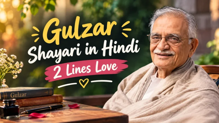Gulzar Shayari in Hindi 2 Lines Love feature image with Gulzar, books, fountain pen, flowers, and a warm garden background