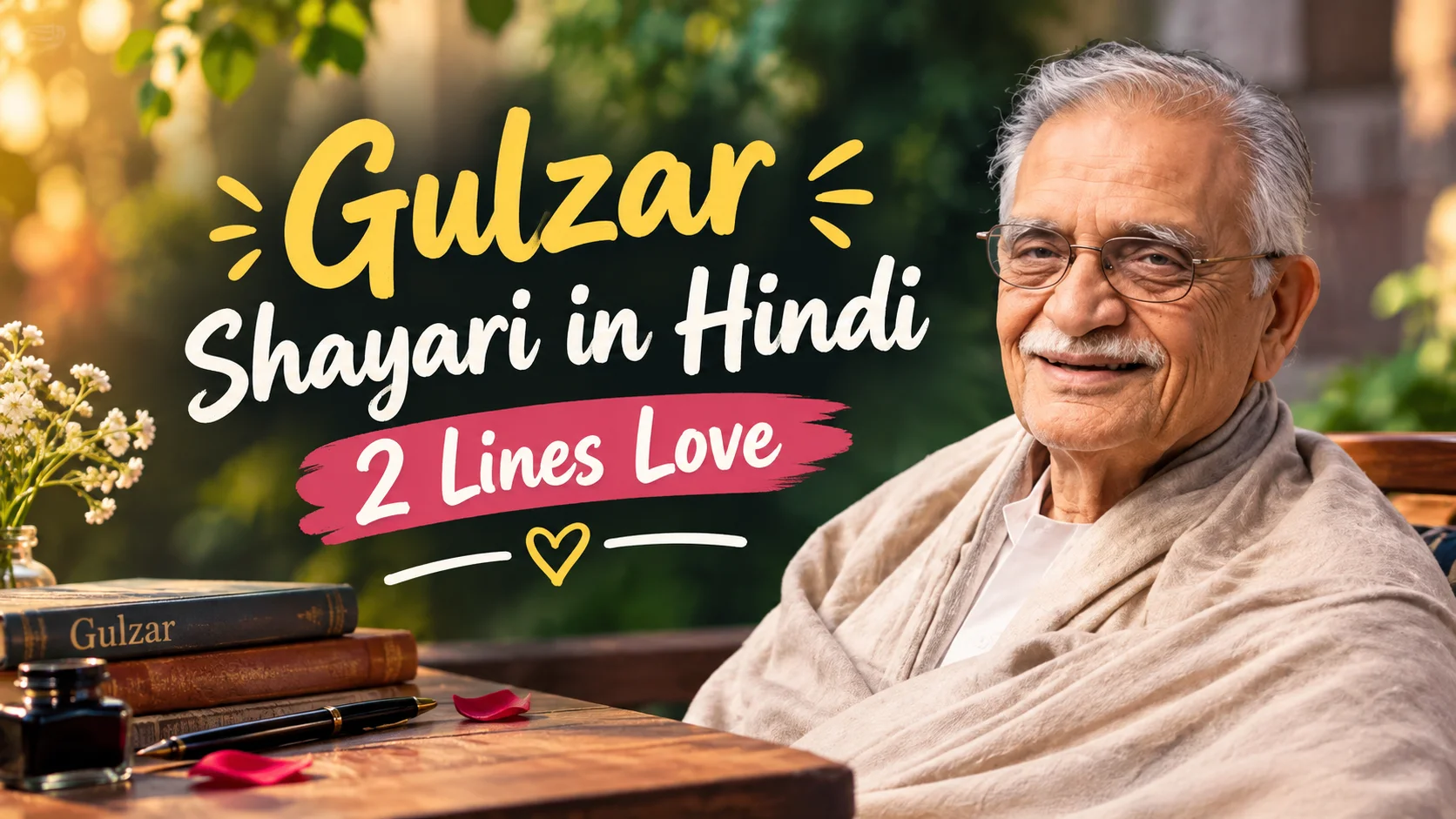 Gulzar Shayari in Hindi 2 Lines Love feature image with Gulzar, books, fountain pen, flowers, and a warm garden background