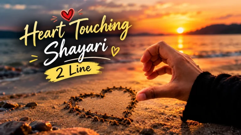 Heart Touching Shayari 2 Line featured image with a romantic sunset beach background, a hand drawing a heart in the sand.