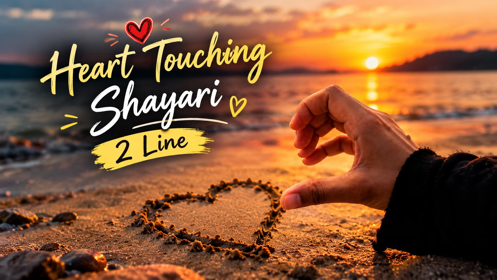 Heart Touching Shayari 2 Line featured image with a romantic sunset beach background, a hand drawing a heart in the sand.