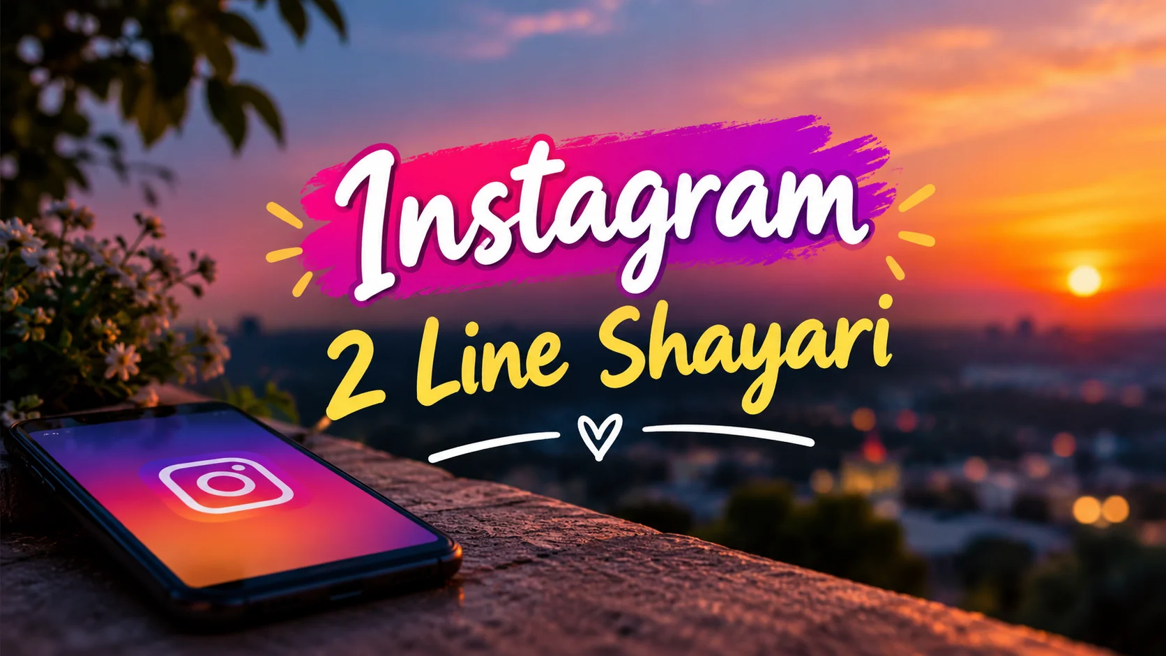 Instagram 2 Line Shayari feature image with a smartphone, sunset background, and colorful typography