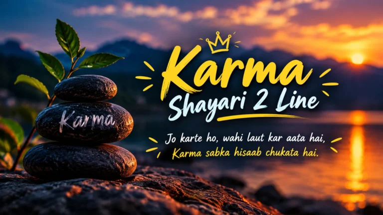 Karma Shayari 2 Line featuring stacked stones by a peaceful sunset lake with the quote “Jo karte ho, wahi laut kar aata hai, Karma sabka hisaab chukata hai.”