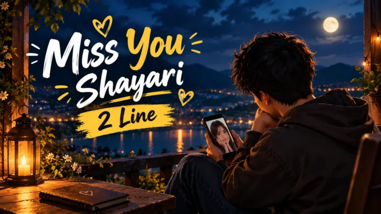 Miss You Shayari 2 Line featured image showing a wistful young man looking at a girl’s photo on his phone on a moonlit rooftop, with city lights, mountains, flowers, and warm lanterns in the background.
