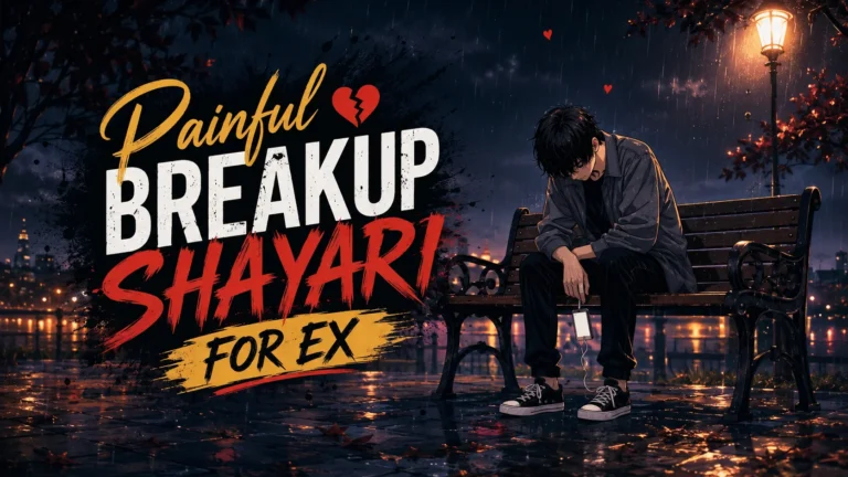 Painful Breakup Shayari for Ex featuring a sad young man sitting alone on a park bench in the rain at night, with dramatic city lights and heartbreak-themed typography.