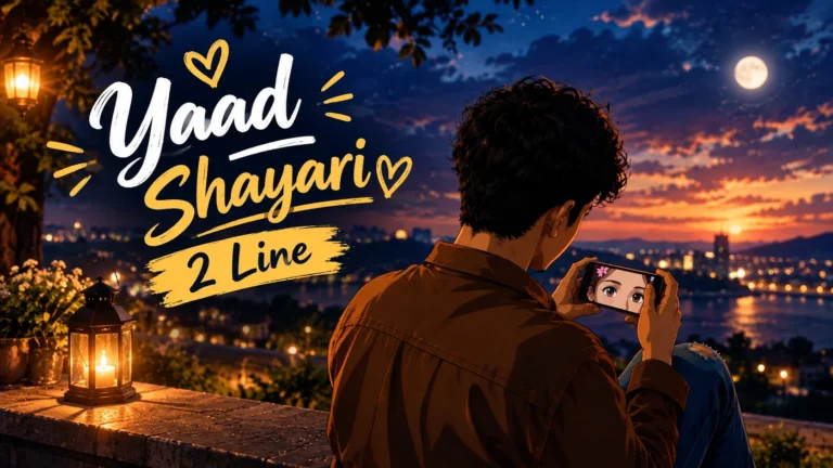 Yaad Shayari 2 Line featured image showing an anime-style young man looking at a girl’s photo on his phone beside a waterfront at sunset, with city lights and a glowing moon in the background.