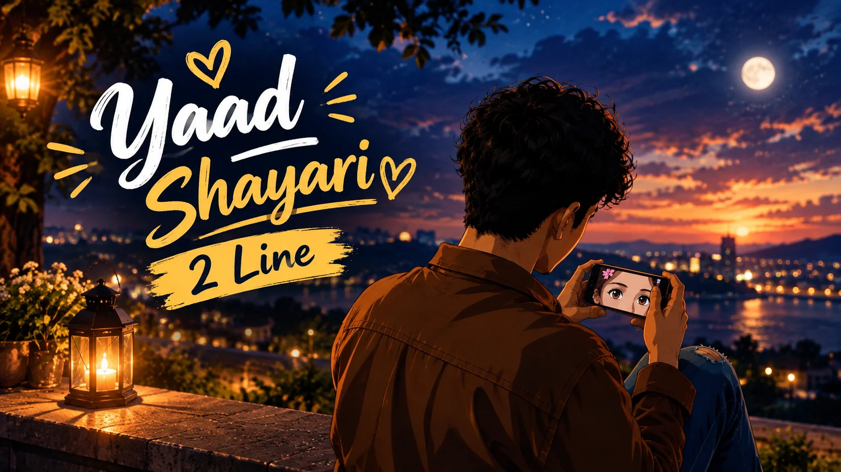 Yaad Shayari 2 Line featured image showing an anime-style young man looking at a girl’s photo on his phone beside a waterfront at sunset, with city lights and a glowing moon in the background.