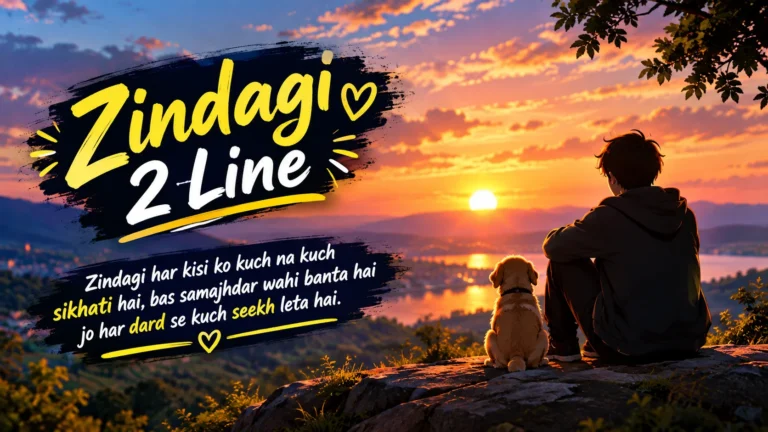 Zindagi Shayari 2 Line featuring a person sitting with a dog on a mountain overlooking a beautiful sunset, with inspirational shayari text and a warm scenic background.
